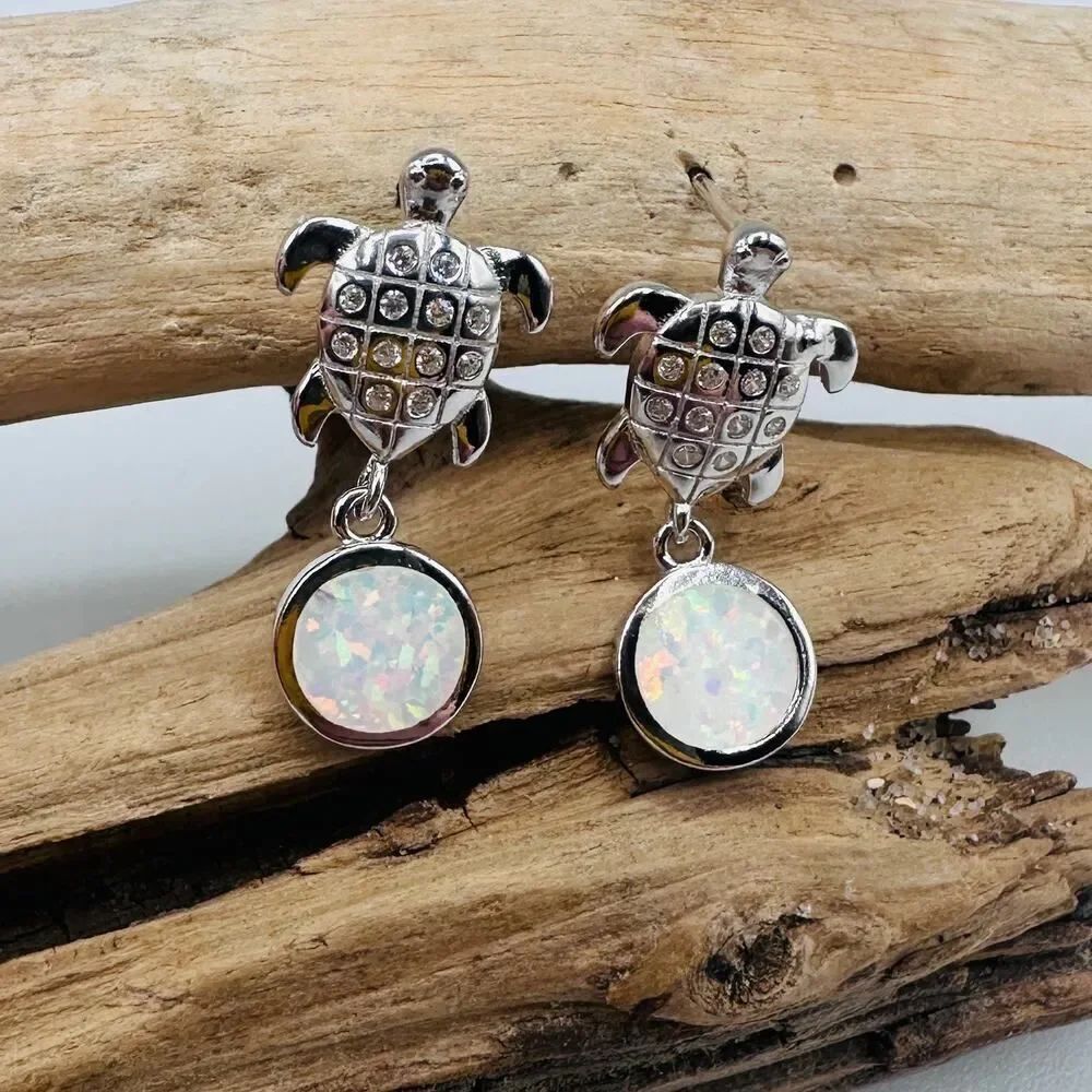 Sterling Silver White Opal Sea Turtle Drop Earrings with White Topaz